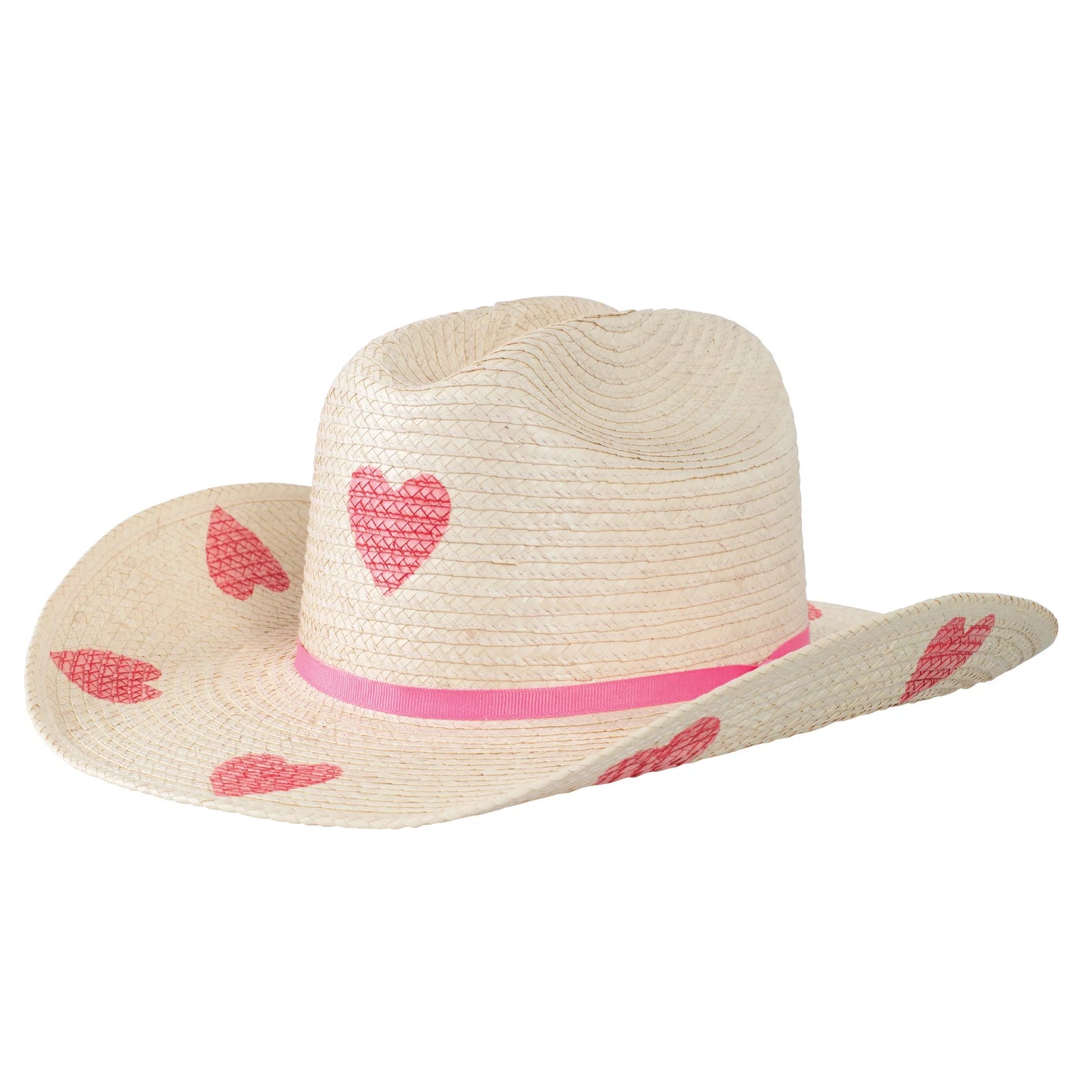Sunbody Kids Hearts Cattleman Palm Hat. A kids' beige cowboy hat with red hearts pattern on the brim and a pink ribbon around the crown.