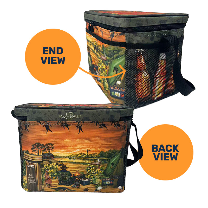 A cooler bag shown from two angles on a white background, with orange callout circles reading END VIEW and BACK VIEW. The cooler has a dark camouflage-style top border and a large scenic print featuring a campsite scene with trees, a telephone booth, vehicles, and warm sunset tones.