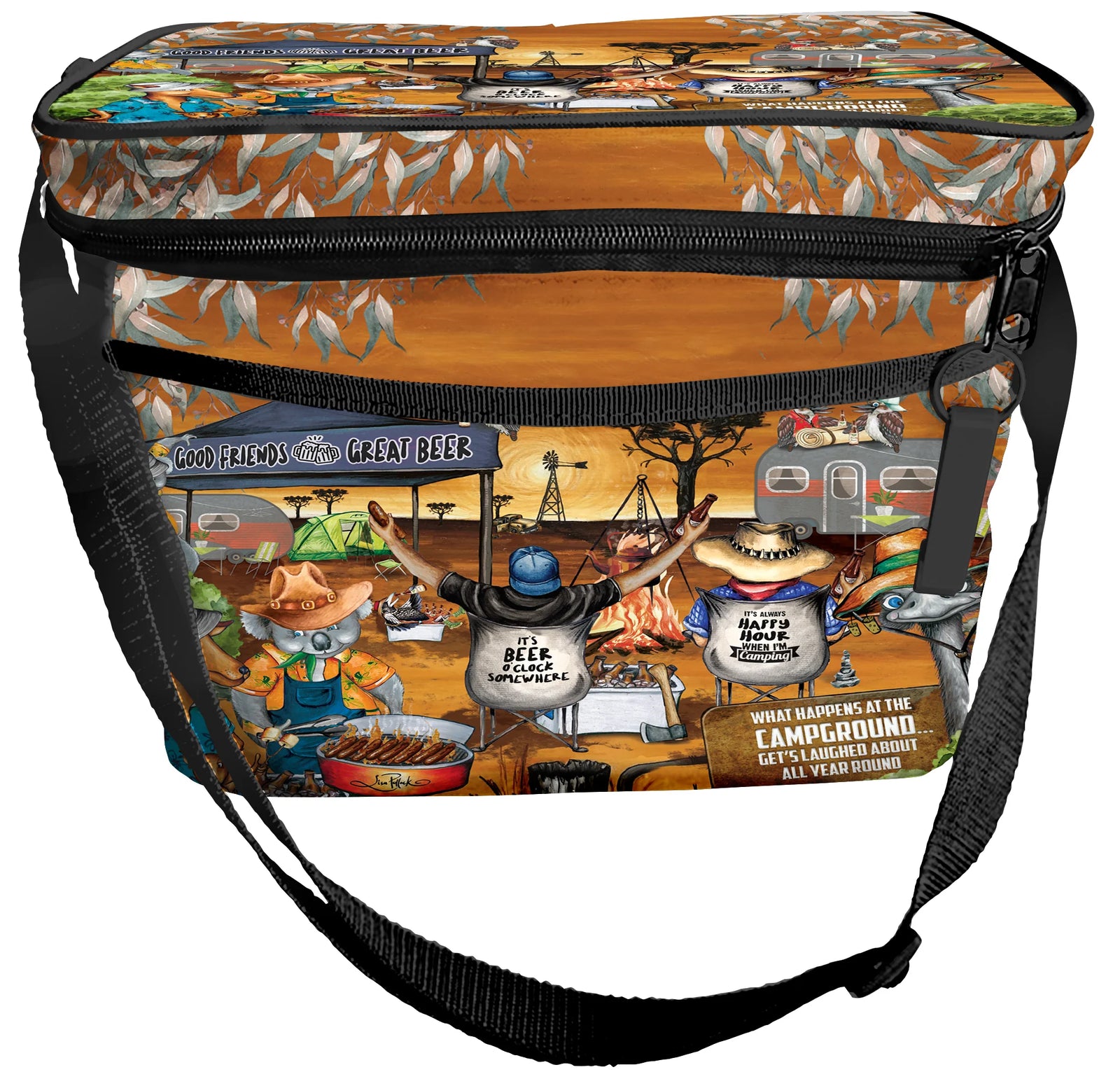 Lisa Pollock Camp Happy Hour Insulated Cooler Bag. Cooler bag with a colorful design featuring people at a campsite and text.