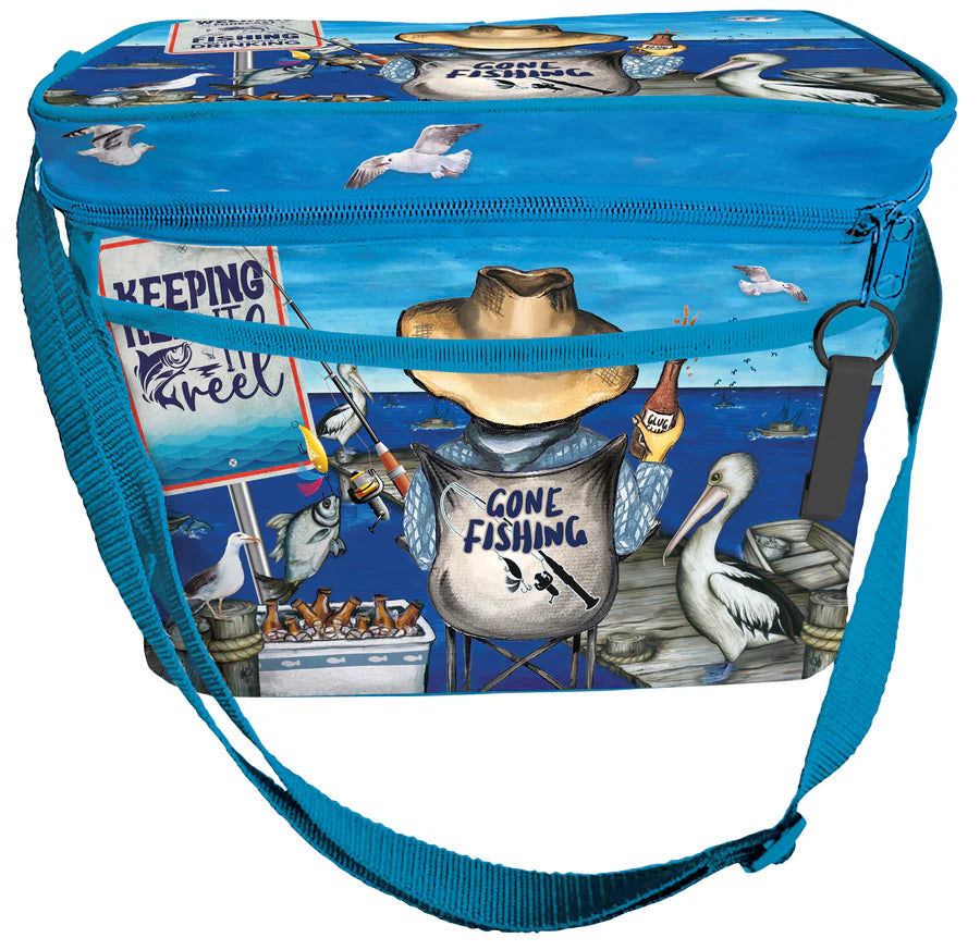 Lisa Pollock Gone Fishing Insulated Cooler Bag. Cooler bag with fishing-themed design on a blue background