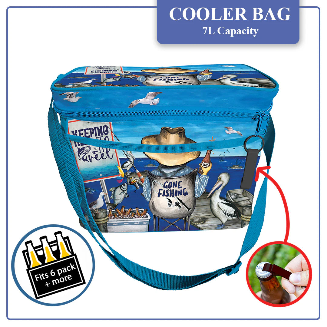 Lisa Pollock Gone Fishing Insulated Cooler Bag. Cooler bag with fishing-themed design on a blue background