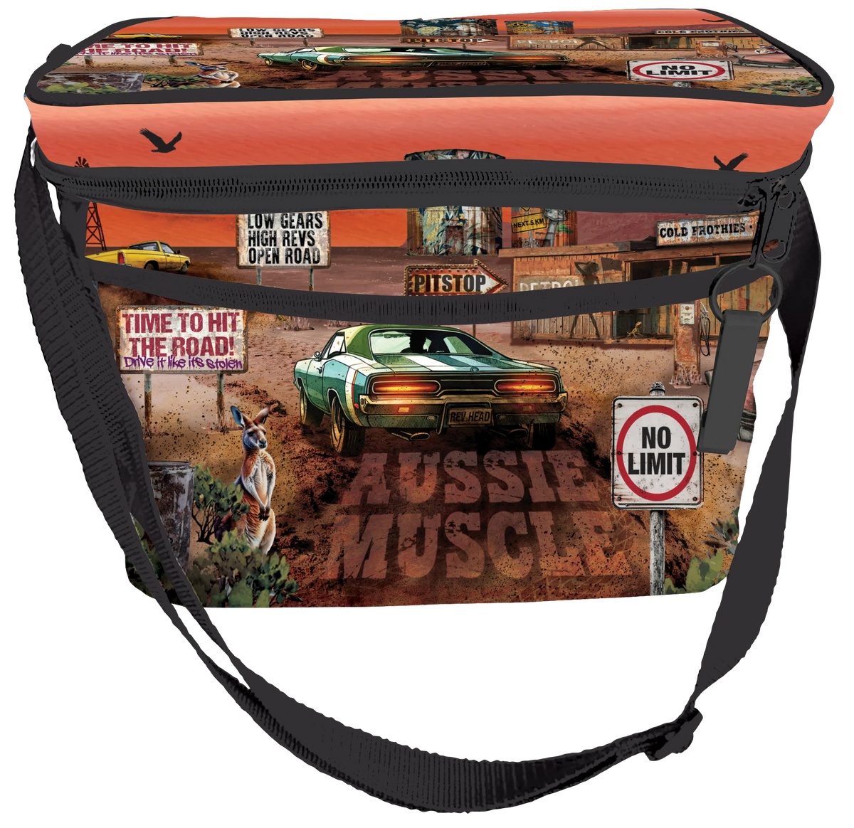 Lisa Pollock Aussie Muscle Insulated Cooler Bag. Cooler bag with &#39;Aussie Muscle&#39; design featuring a car and road signs on an orange background.