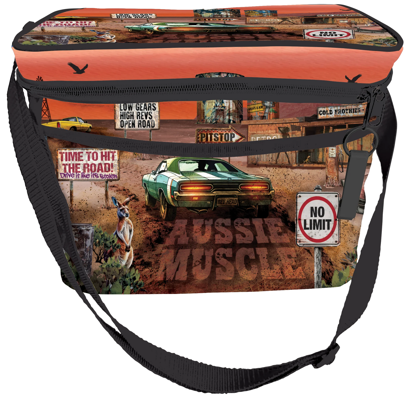 Lisa Pollock Aussie Muscle Insulated Cooler Bag. Cooler bag with 'Aussie Muscle' design featuring a car and road signs on an orange background.