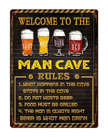 Welcome To The Mancave Sign. Metal sign with beer-themed text and graphics, resembling a man cave rules poster.