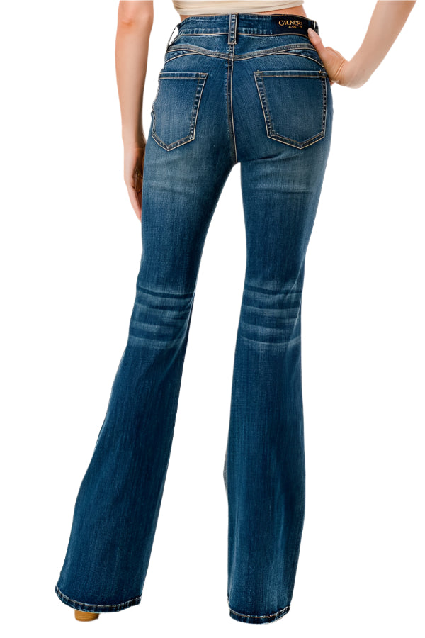 Grace In LA Women's High Waist Jeans. Blue jeans worn by a person on a white background
