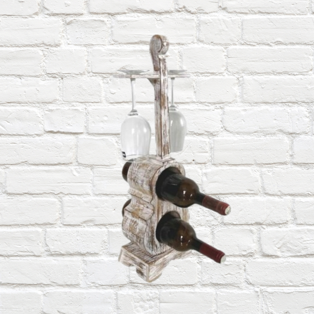 Guitar Wine Bottle Holder. Wall-mounted wine bottle holder with three bottles against a white brick wall.