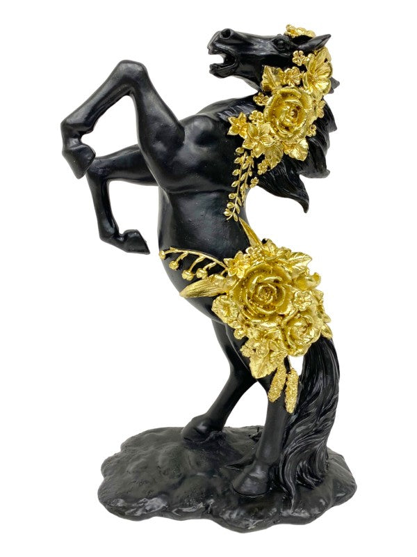 Malmar Horse with Gold Flowers. Black horse figurine with gold floral decorations on a white background