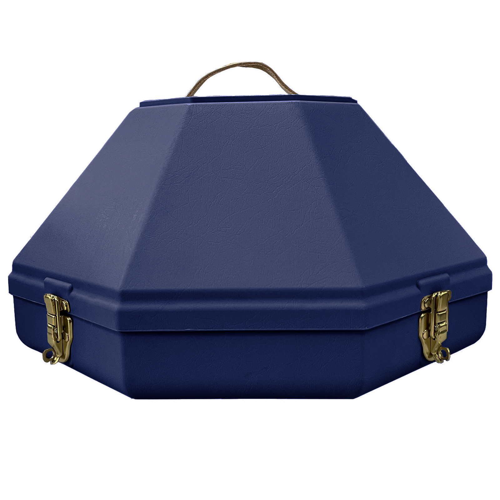4 1/4" Hat Can. Blue hexagonal briefcase with gold clasps on a white background
