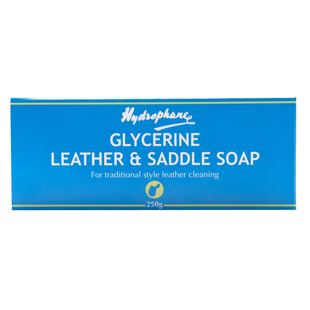 A blue box of Hydrophane Glycerine Leather & Saddle Soap, with product details on the label.