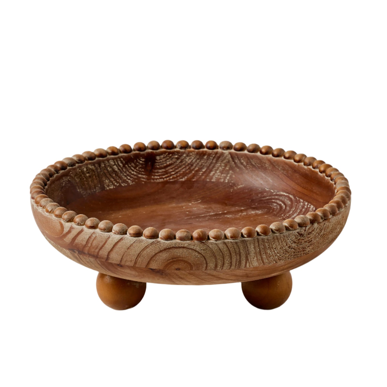 Woodland Bowl. Wooden bowl with beaded rim and three legs on a white background