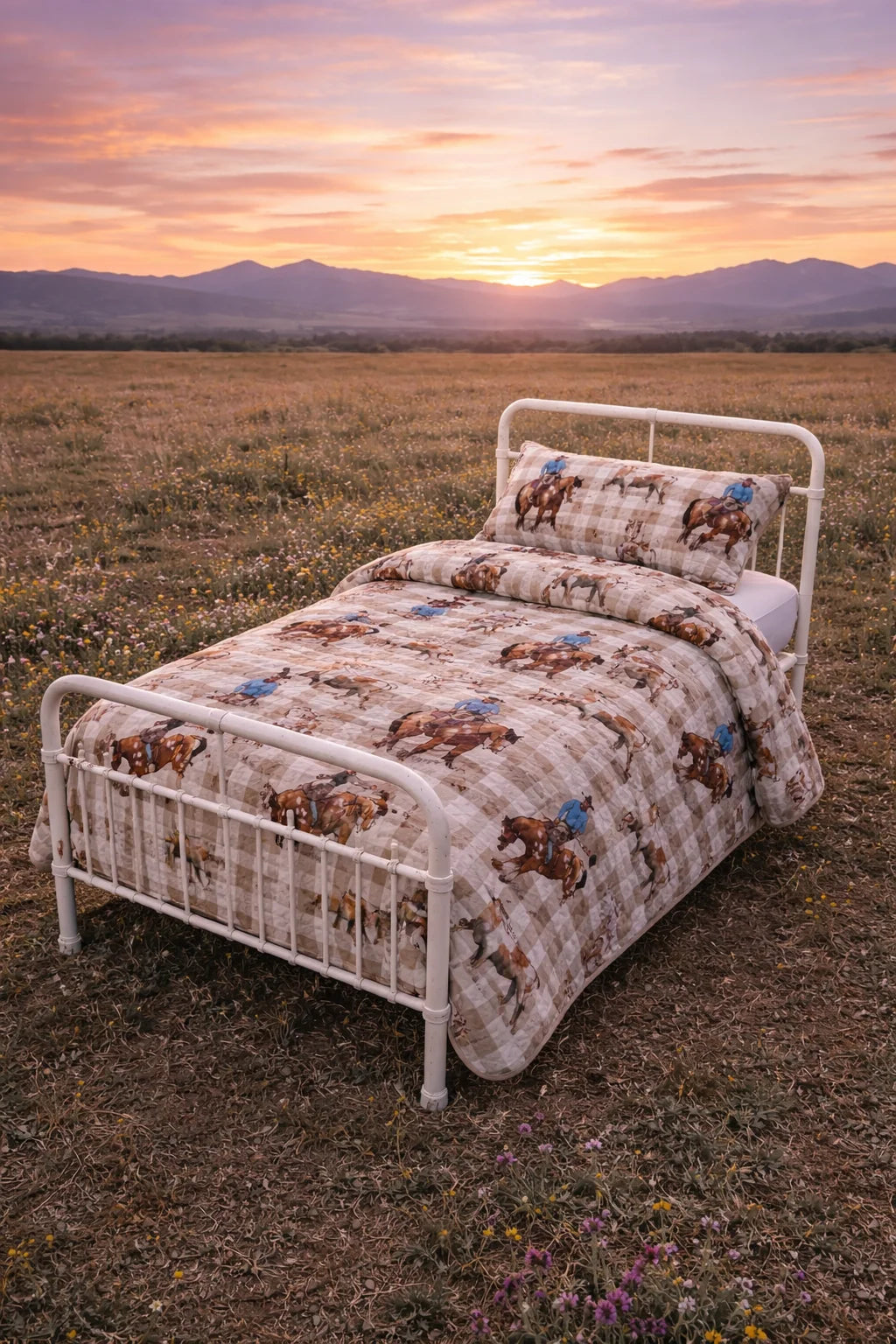 Bed with patterned bedding in a field at sunset