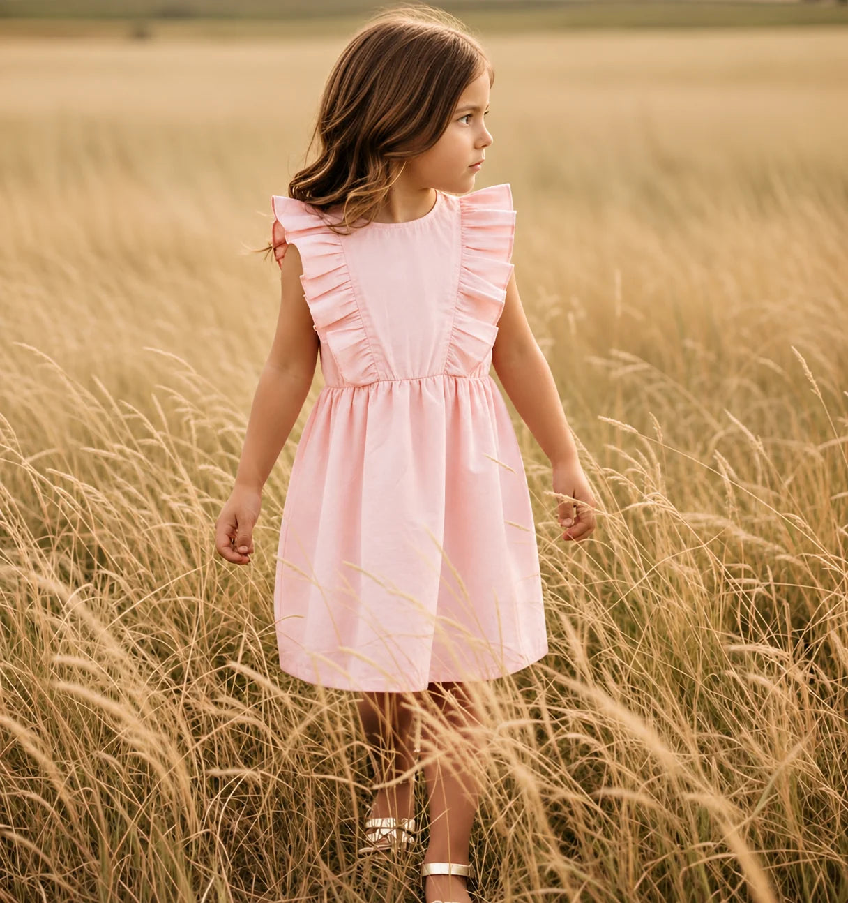 A young girl wearing a light pink sleeveless dress with ruffle details stands in a field of tall golden grass, looking off to the side.