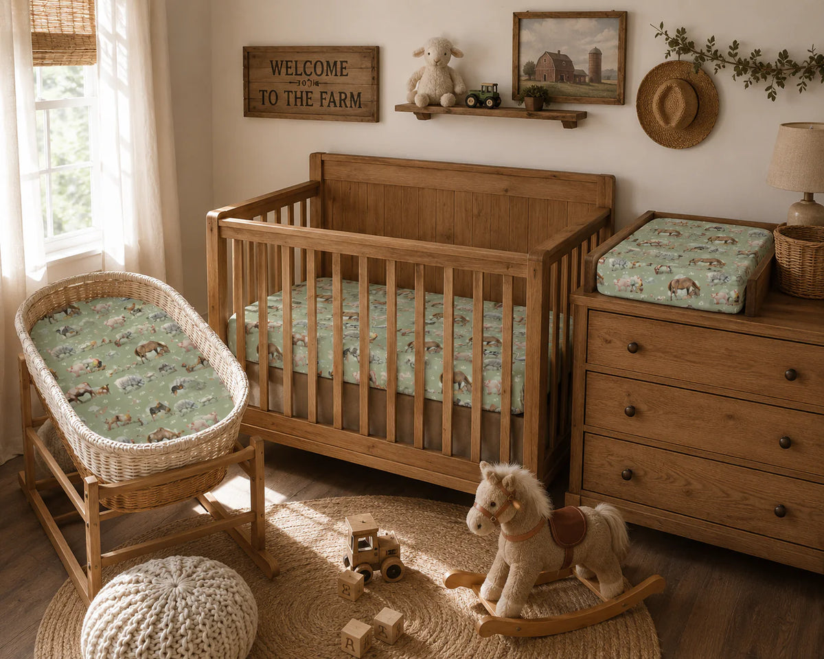 Nursery room with wooden crib, bassinet, and toys in a home setting.