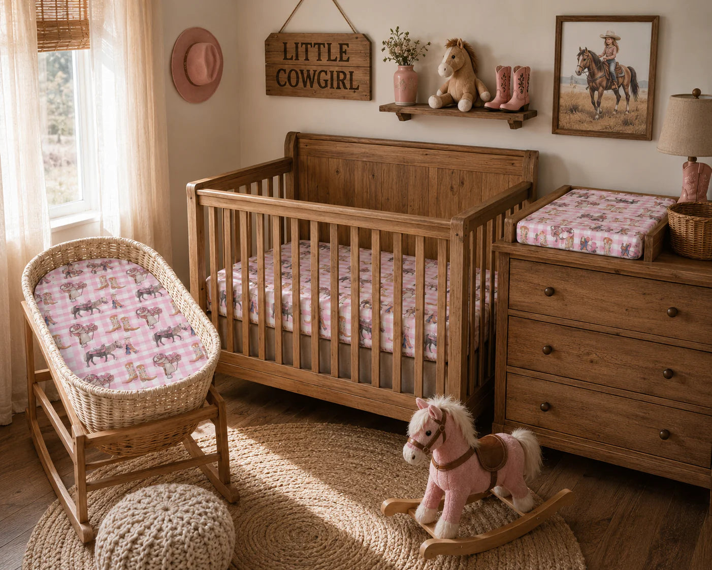 Nursery room with wooden crib, rocking horse, and baby bassinet.