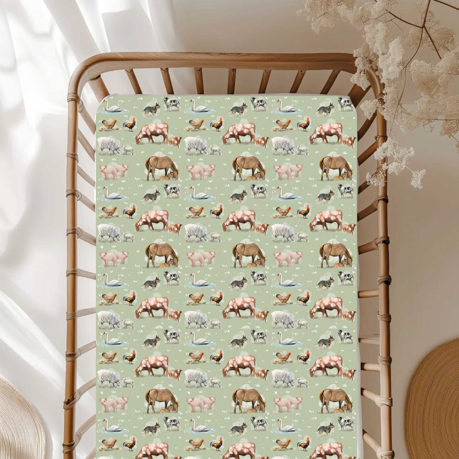 Patterned blanket with animal design on a wooden ladder