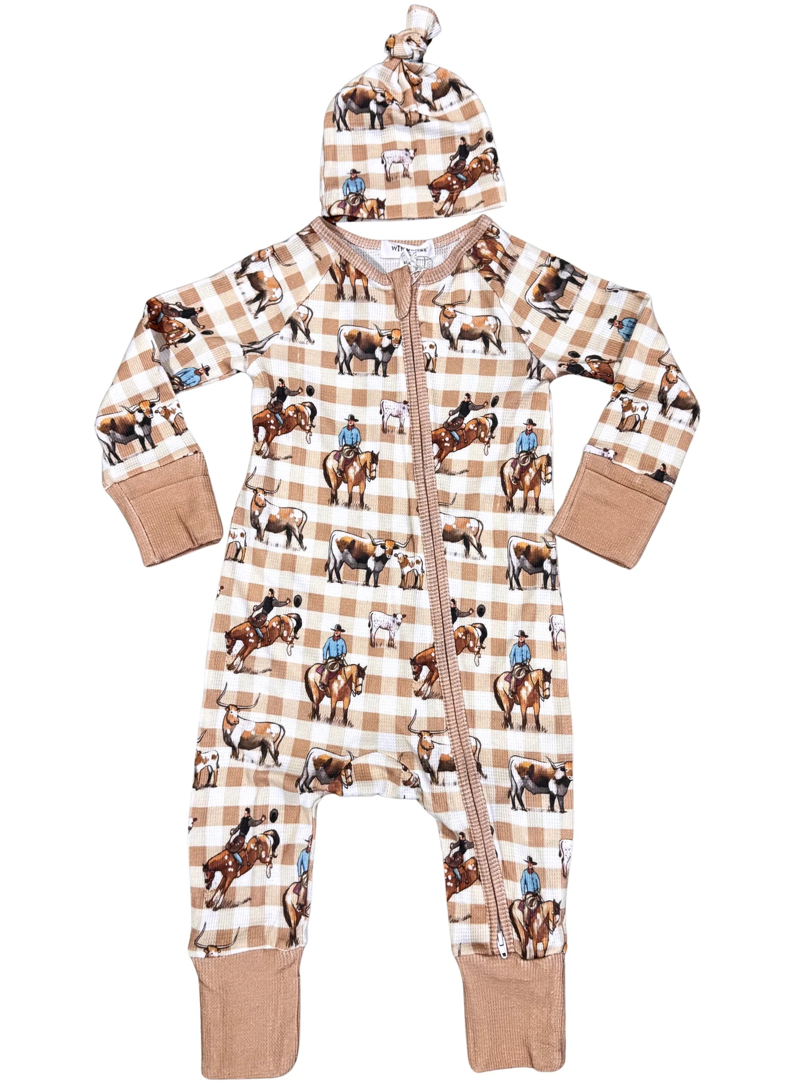 Children's onesie with horse and rider pattern on a white background