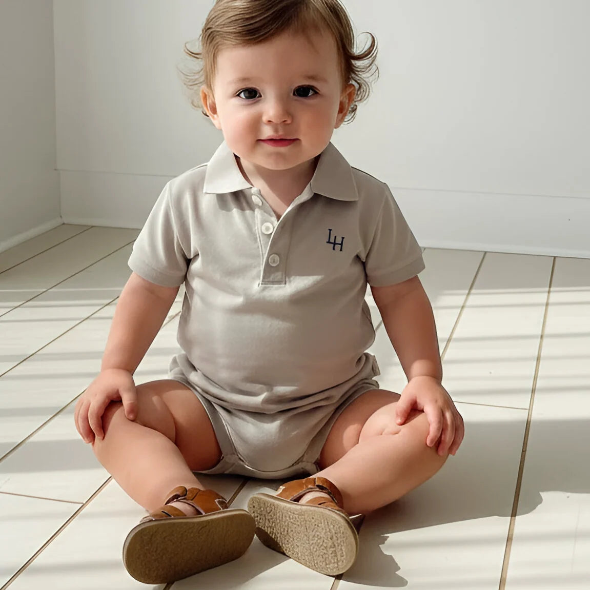 Baby sitting on a wooden floor wearing a beige polo shirt and shorts with brown shoes.