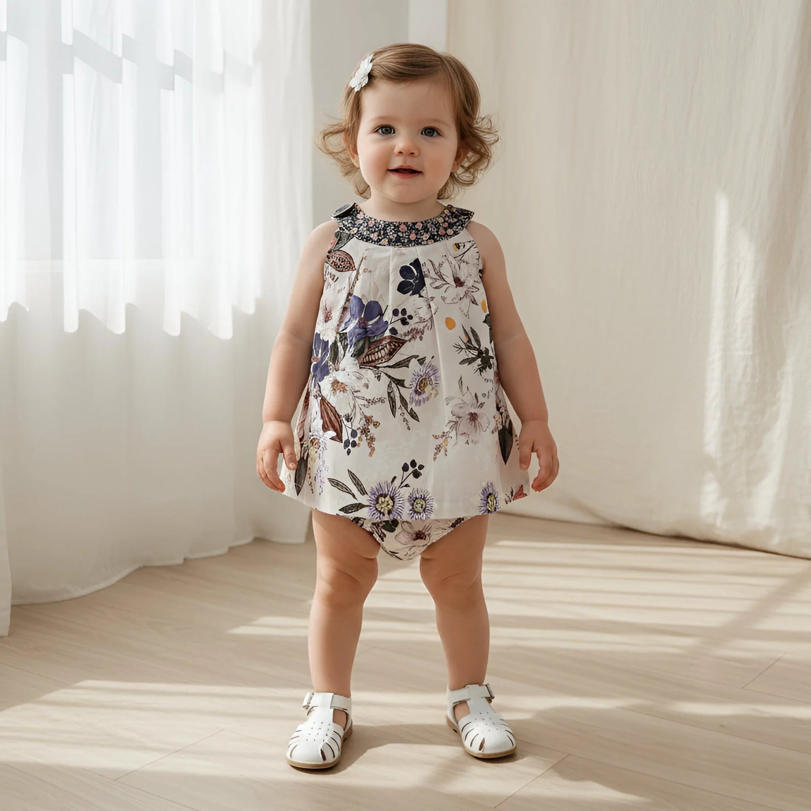 A toddler girl stands indoors wearing a sleeveless floral romper with a dark patterned collar and white sandals, photographed in a bright room with sheer curtains and sunlight on a light wood floor.