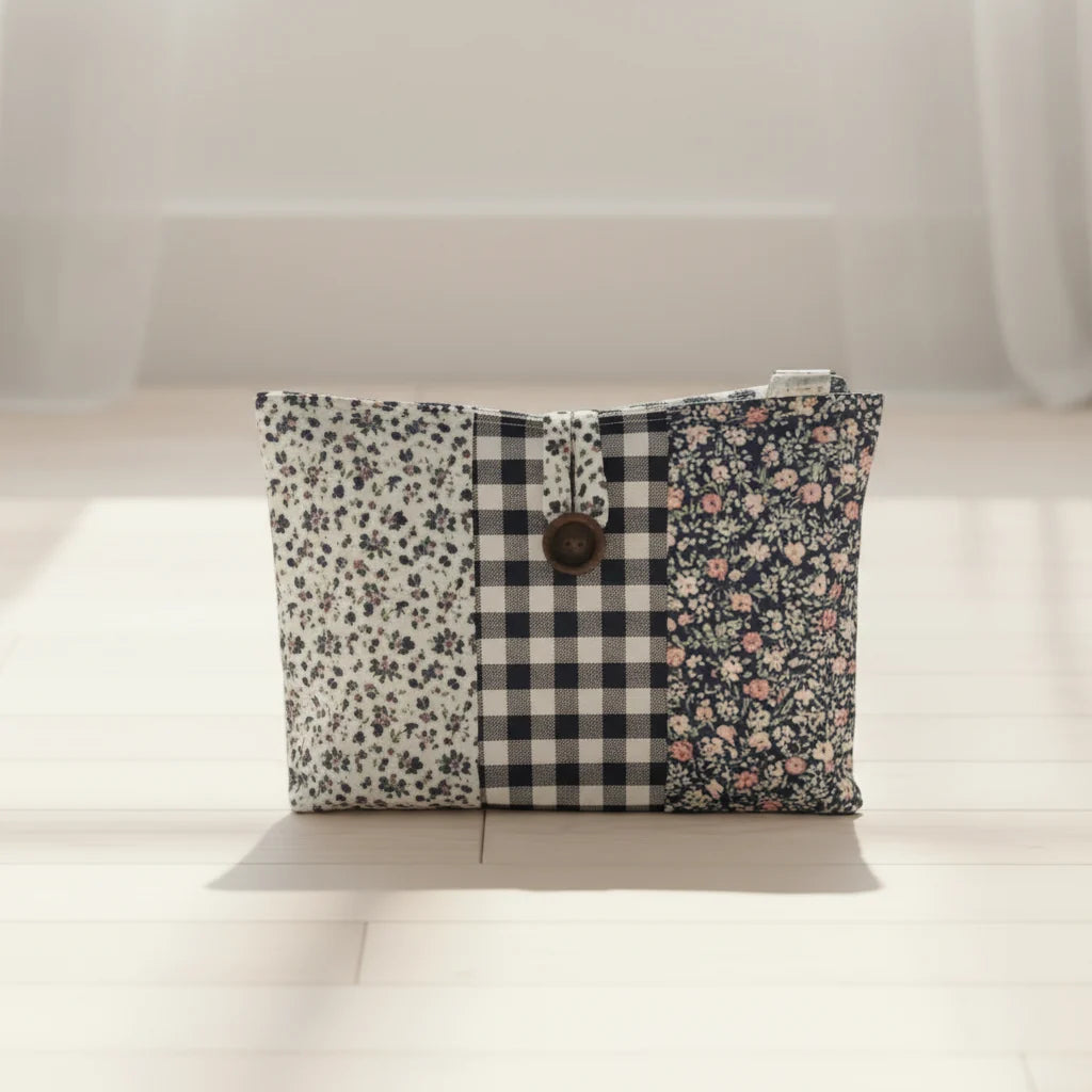 Floral and checkered pouch on a white surface