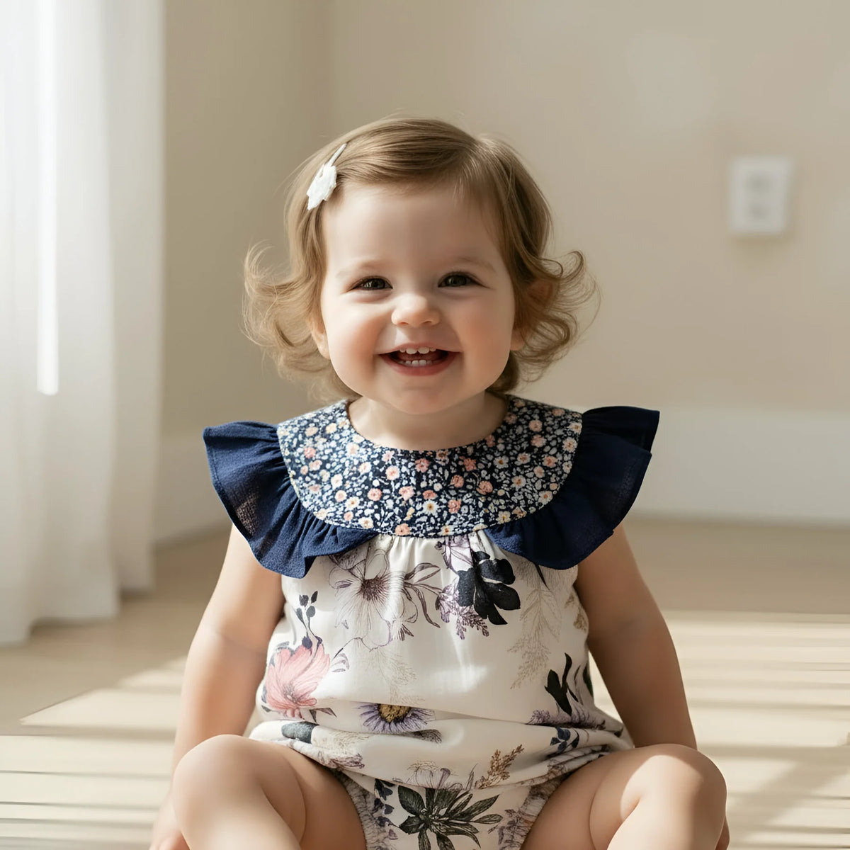 Smiling toddler wearing a floral dress with a blue collar in a softly lit room.
