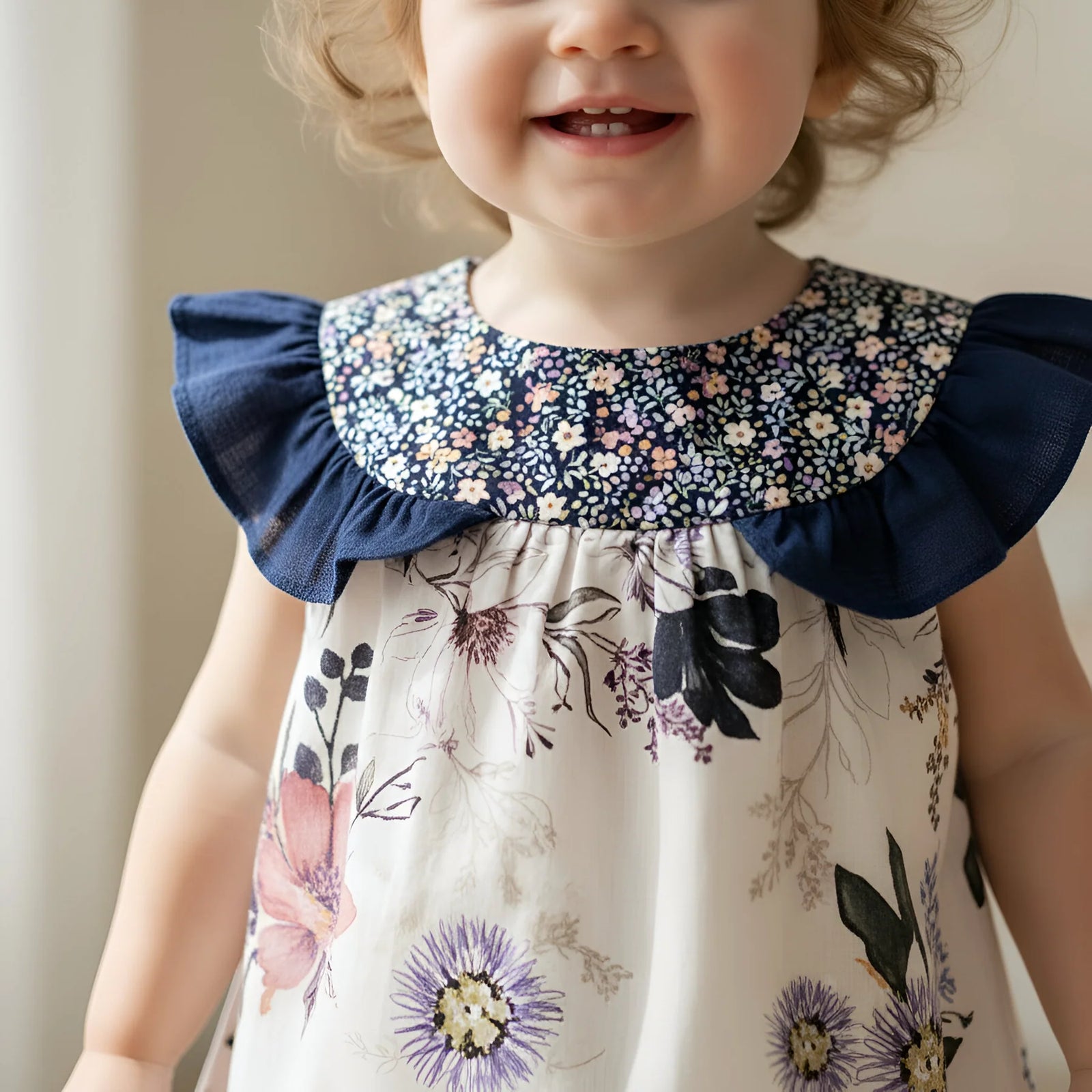 Child wearing a floral dress with a blue ruffled collar