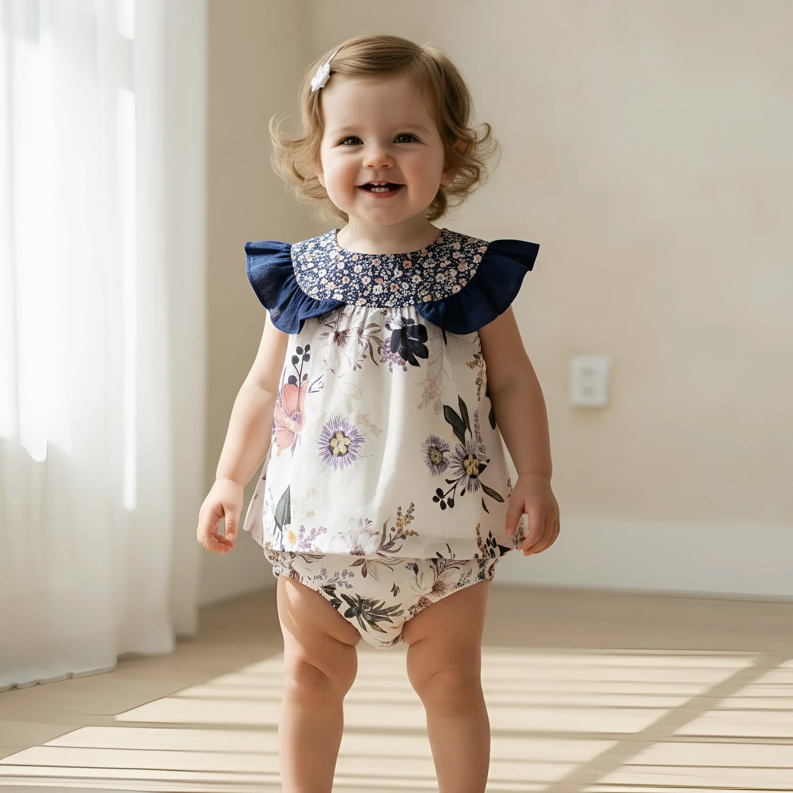 A toddler girl wearing a sleeveless floral romper with a navy blue ruffled collar, standing in a brightly lit room with warm sunlight and window curtains.