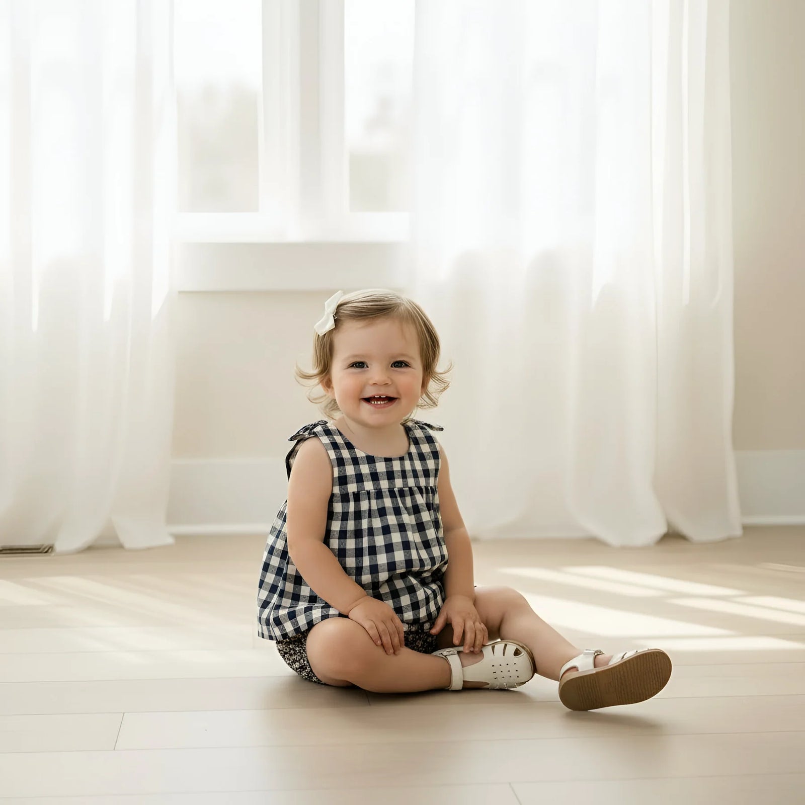 A toddler girl with blonde hair sits smiling on a light wood floor in front of white sheer curtains. She is wearing a black and white gingham check sleeveless romper and white sandals.