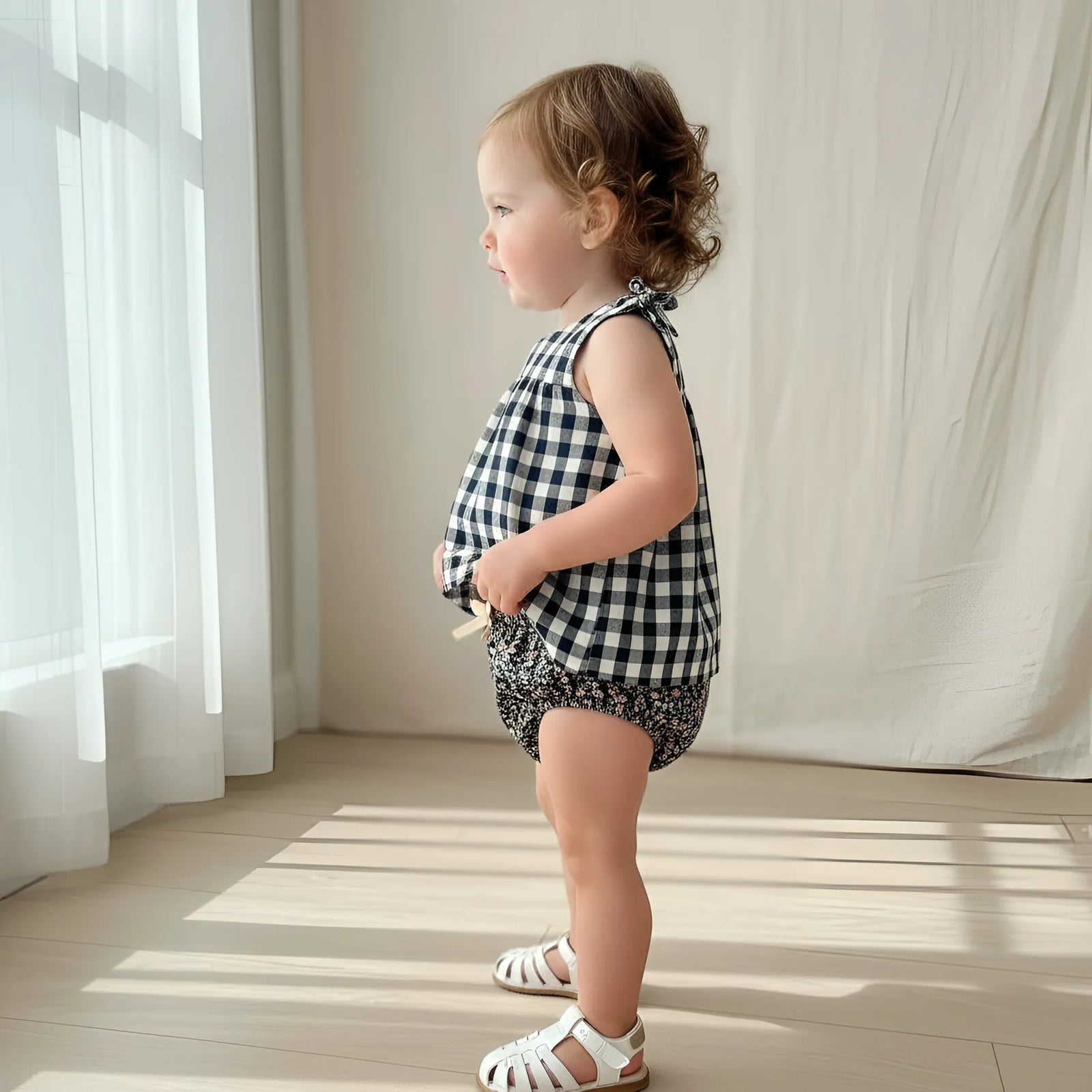 Child wearing a checkered outfit standing in a softly lit room with white curtains.