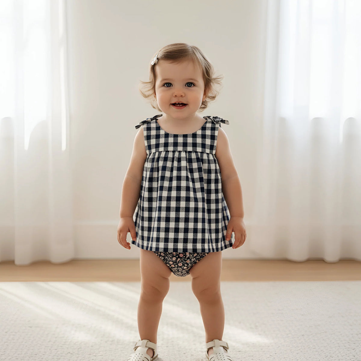 A toddler girl wearing a black and white gingham sleeveless romper with tie shoulder straps and matching patterned bloomers, standing indoors in front of white curtains.