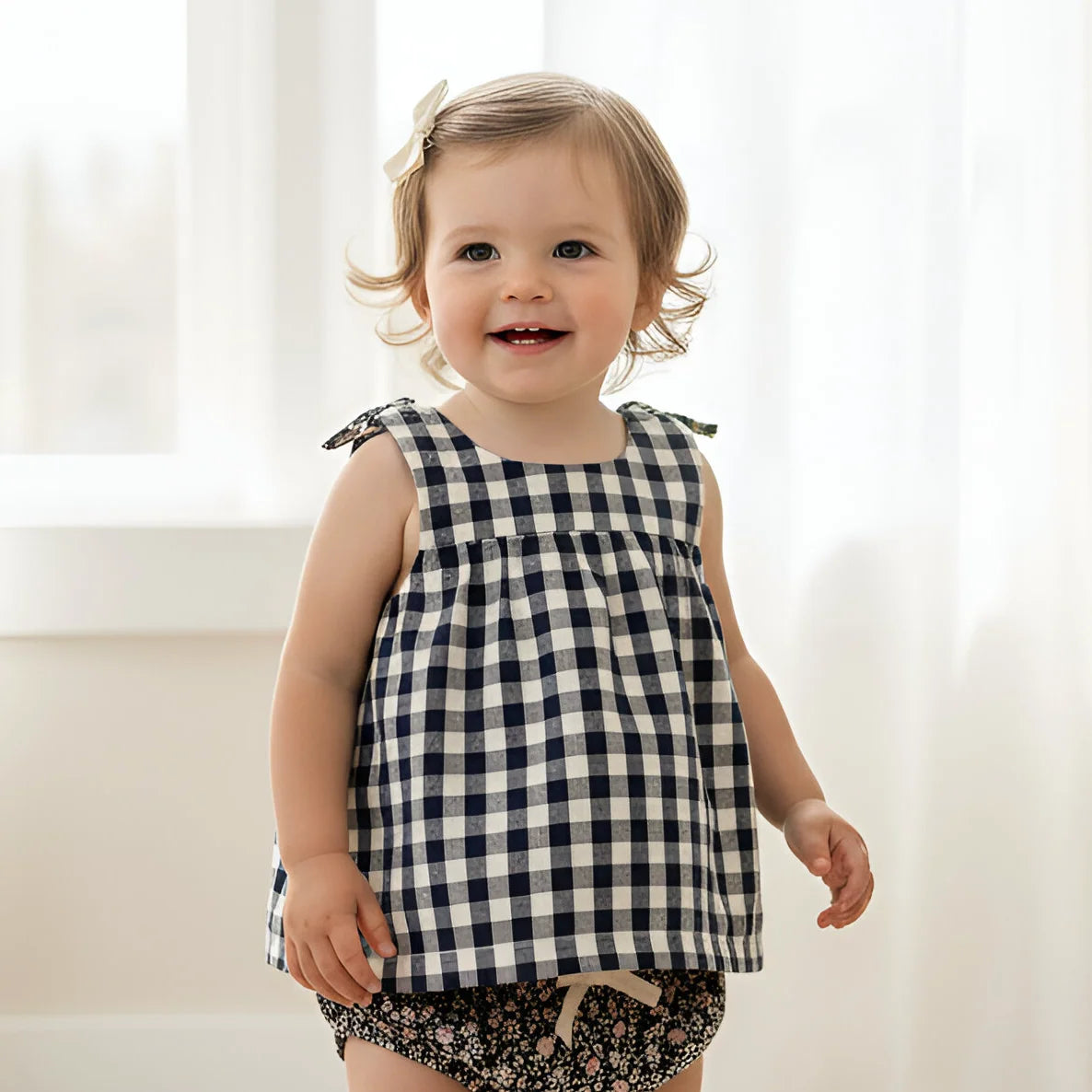 Child wearing a black and white checkered dress with a floral bottom, standing against a white curtain background.