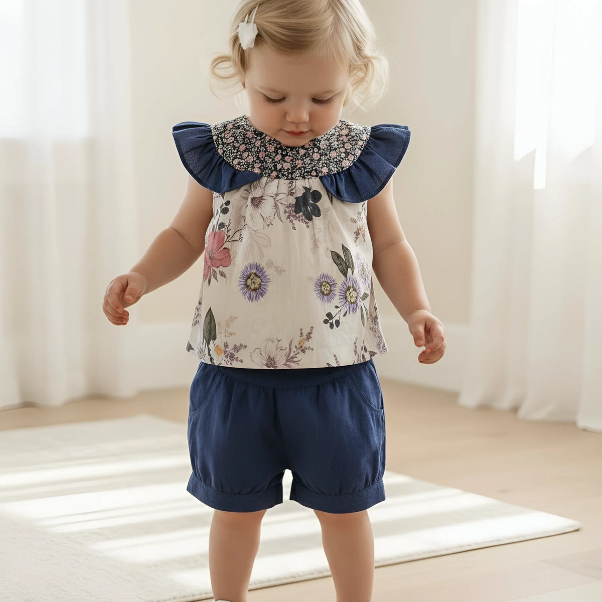 A toddler girl wearing a two-piece outfit consisting of a sleeveless cream floral top with navy ruffle sleeves and matching navy shorts, standing in a bright room with soft window light.