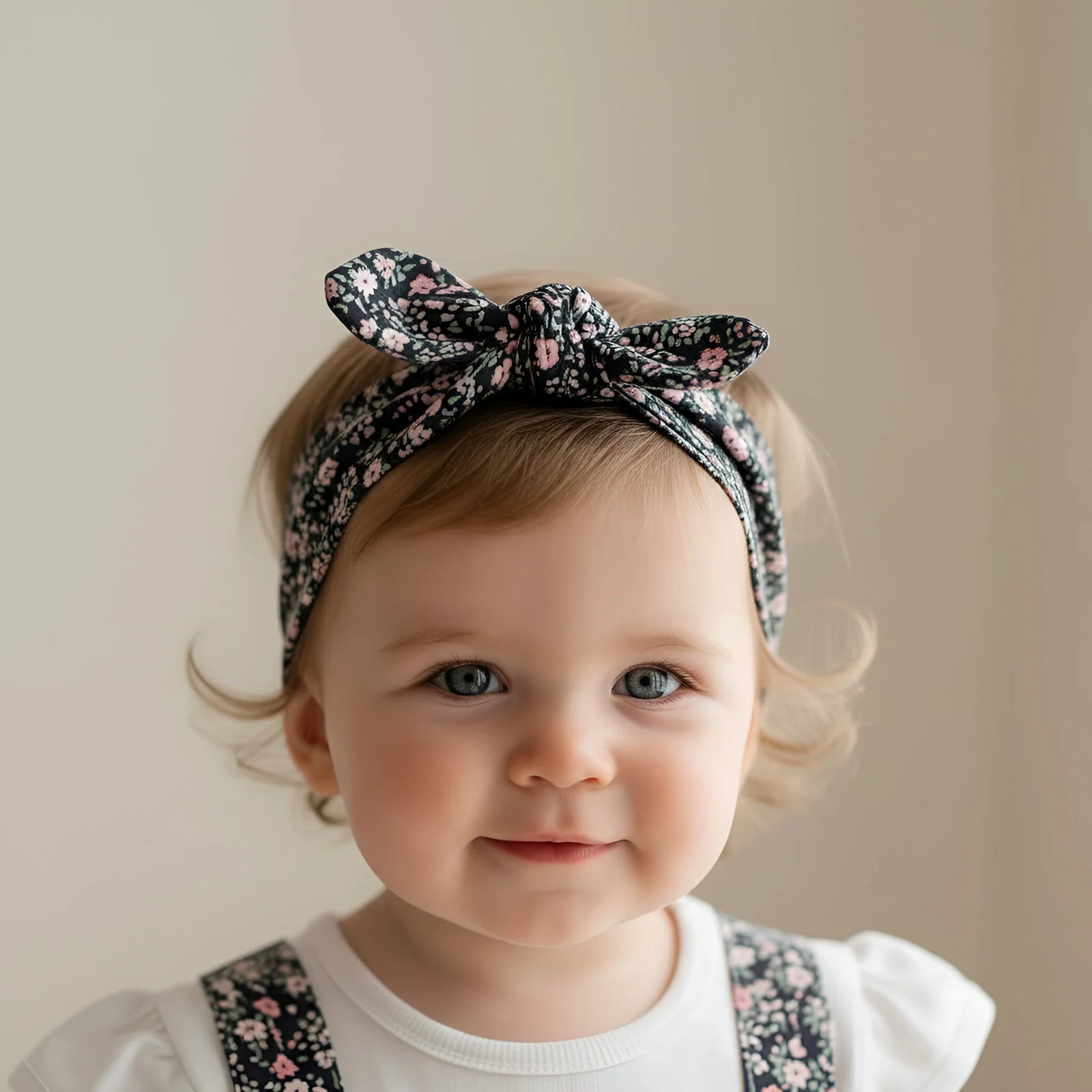Baby wearing a floral headband with a plain background