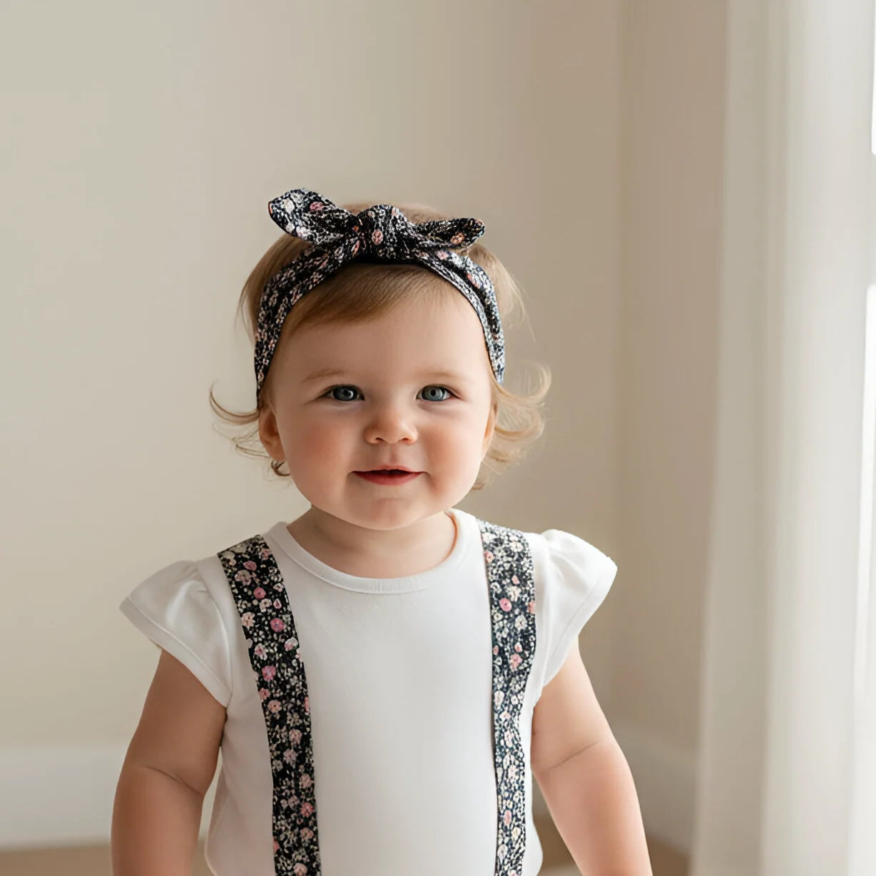 Baby wearing a white onesie with floral details and a headband, standing in a softly lit room.