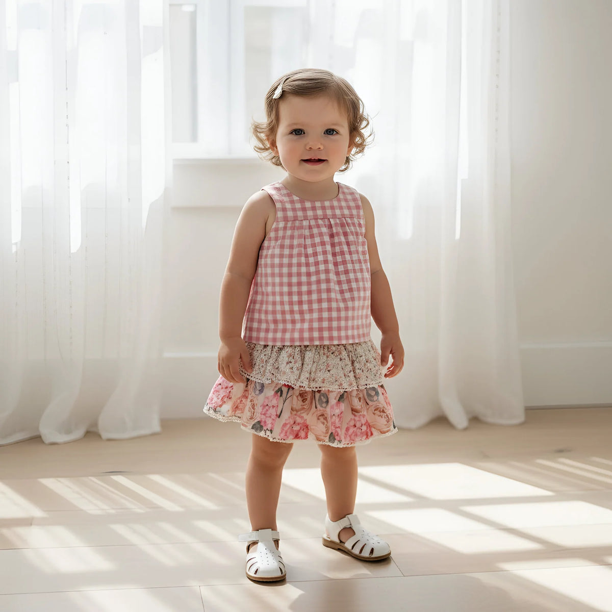 Young girl in a checkered top and floral skirt standing in a bright room with white curtains.