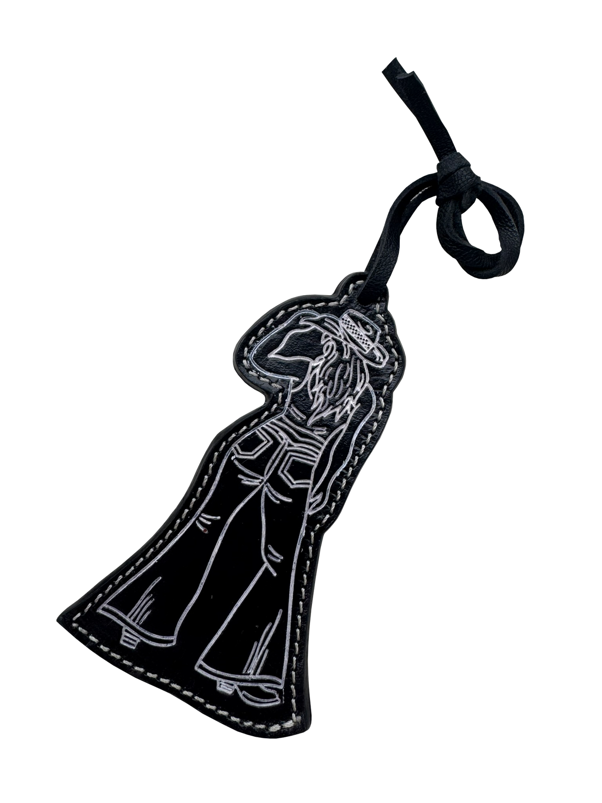 A black leather patch shaped like a cloaked figure with white embroidered details, attached to a black cord, shown on a plain white background.