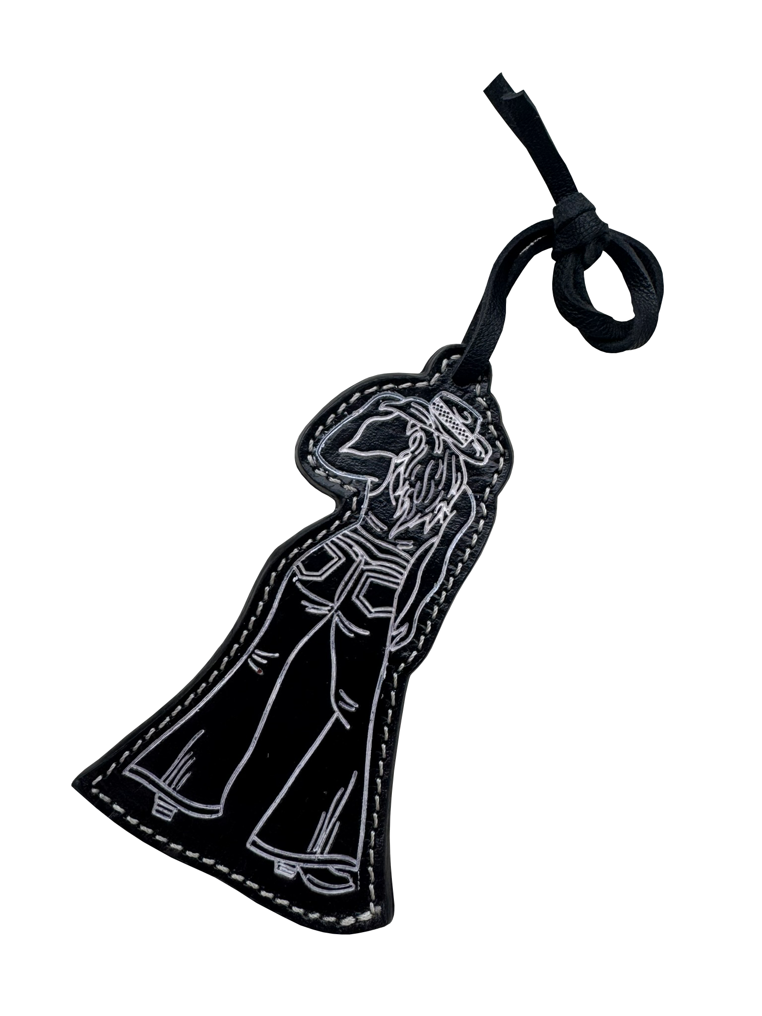 A black leather patch shaped like a cloaked figure with white embroidered details, attached to a black cord, shown on a plain white background.