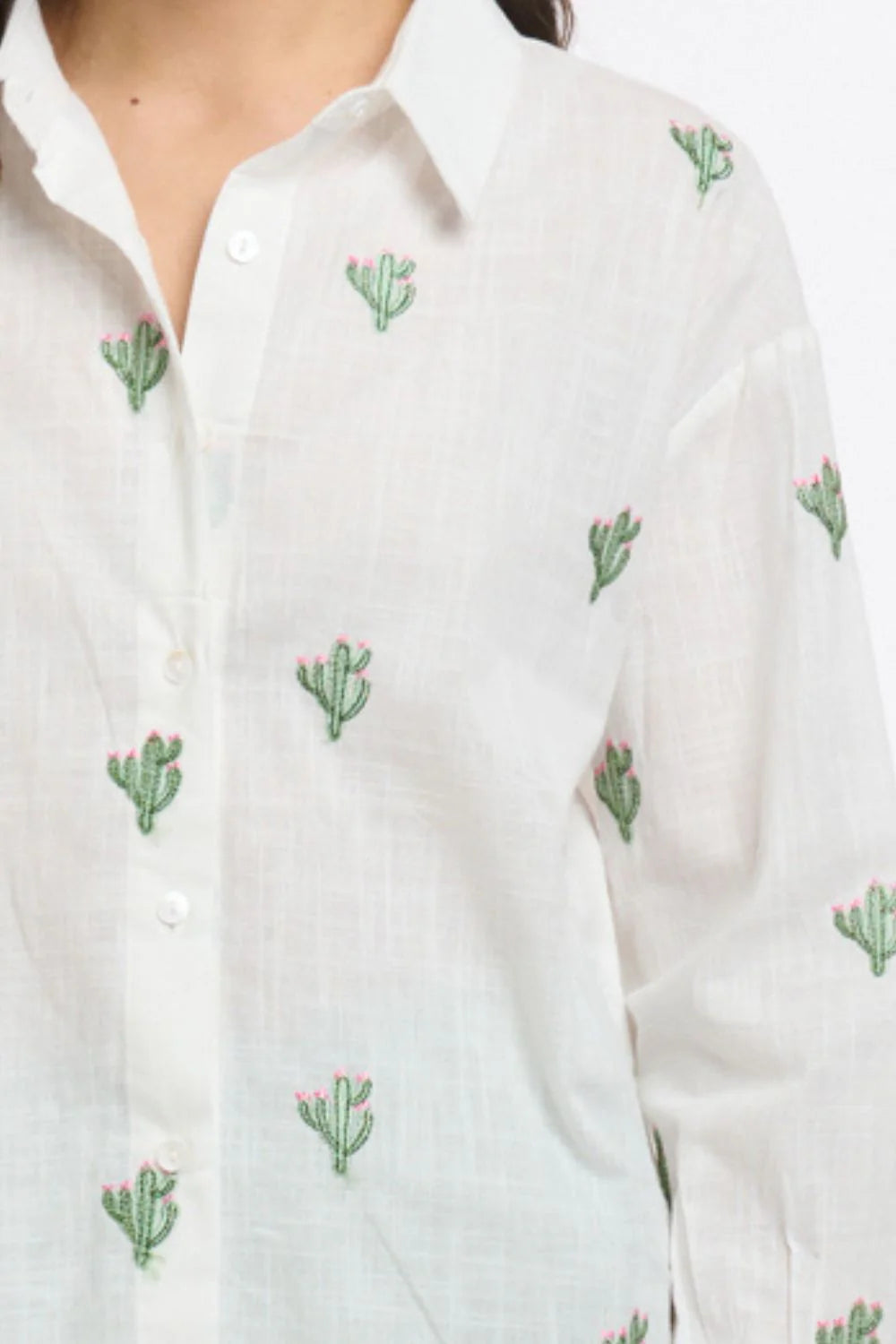 Italian Star Women's Cactus L/S Shirt. White shirt with green cactus embroidery on a white background