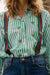 Italian Star Women's Stripe Cactus Shirt. Person wearing a green and white striped shirt with suspenders and a blue cap outdoors.