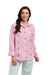 Italian Star Women's Cactus L/S Shirt. Woman wearing a pink striped shirt with cactus patterns in an outdoor setting.