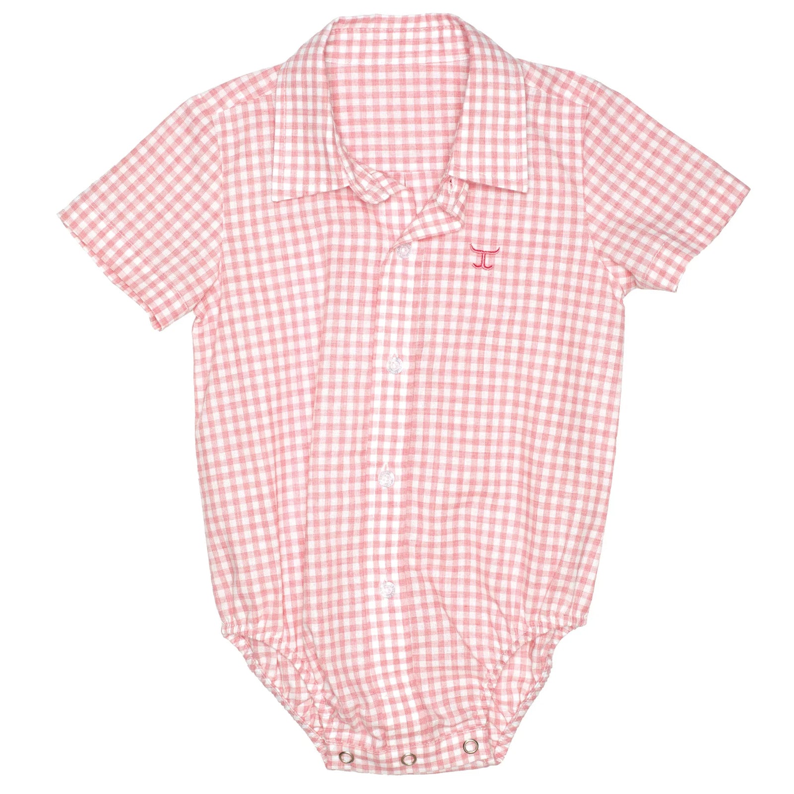 Just Country Frankie Infant Short Sleeve Full Button Jumpsuit. Pink and white checkered baby romper on a white background