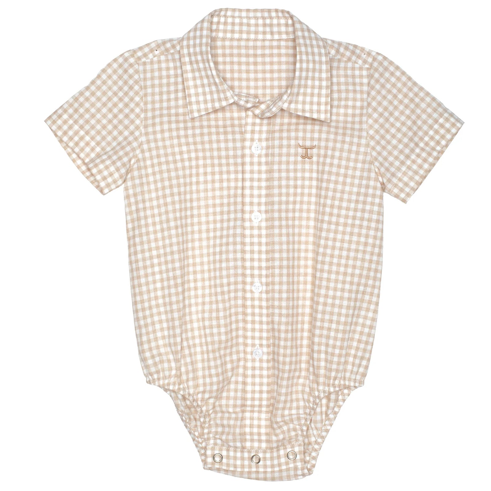 Just Country Frankie Infant Short Sleeve Full Button Jumpsuit. Beige checkered baby romper on a white background