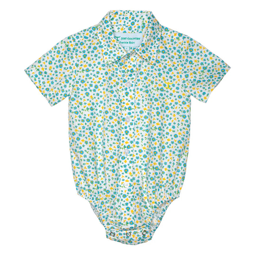 Just CountryInfant's Frankie Short Sleeve Full Button Print Jumpsuit. Floral-patterned baby onesie on a white background
