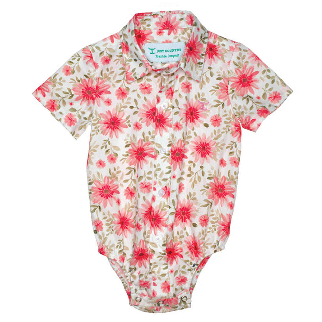 Just Country Infant's Frankie Short Sleeve Full Button Print Jumpsuit. Floral baby romper with pink flowers on a white background