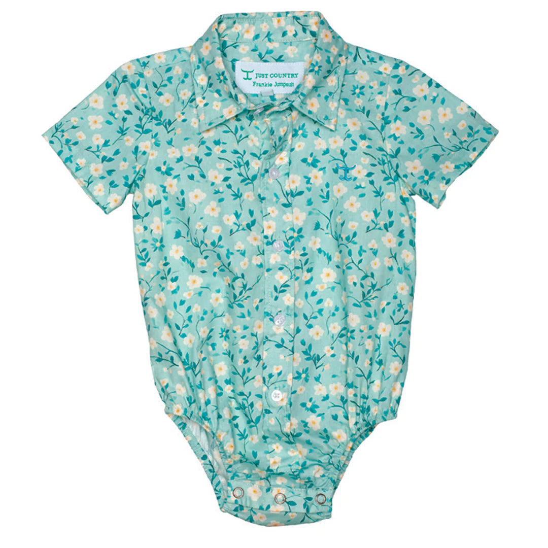 Just Country Infant's Frankie Short Sleeve Full Button Print Jumpsuit. Floral-patterned baby onesie on a white background