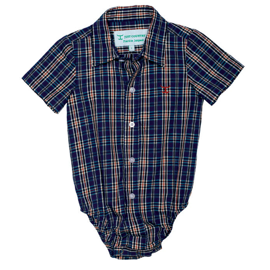 Just Country Infant's Frankie Short Sleeve Full Button Plaid Jumpsuit. Navy and orange plaid baby romper on a white background