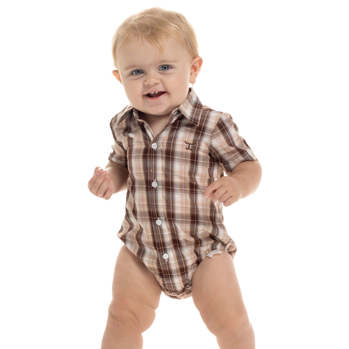 Baby wearing a brown plaid shirt on a white background