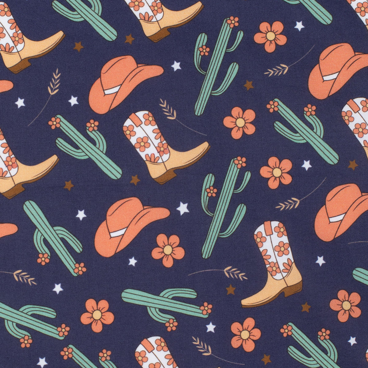 Pattern of cowboy hats, boots, cacti, and flowers on a navy background