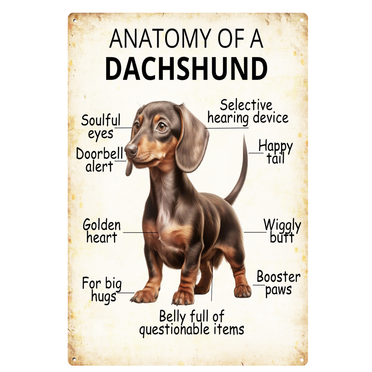 Dachshund Tin Sign. Diagram of a dachshund with humorous labels on a vintage-style background