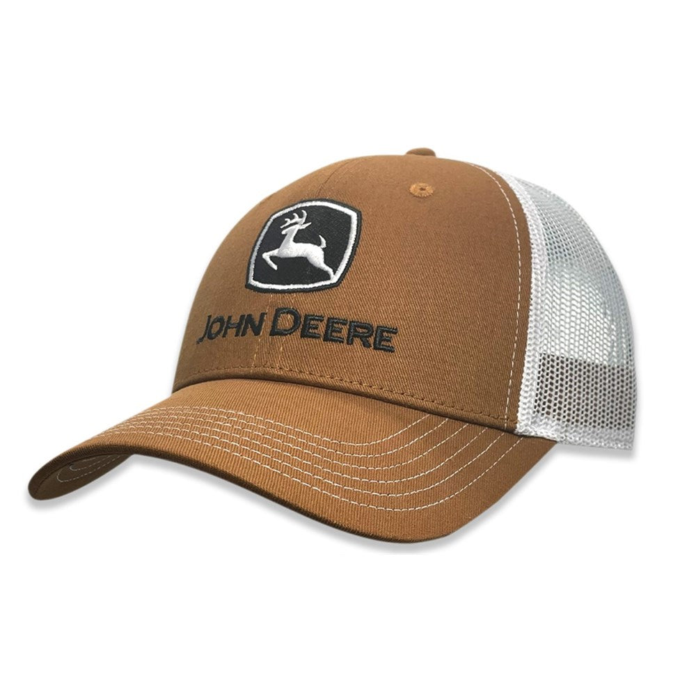 John Deere Trademark Embroidered Low Profile Trucker Cap. Brown cap with white mesh back and John Deere logo on a white background