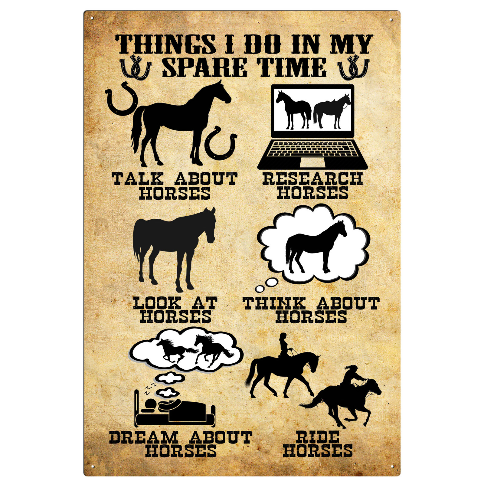 Spare Time Tin Sign. Vintage-style sign with illustrations of horses and text about activities related to horses on a beige background.